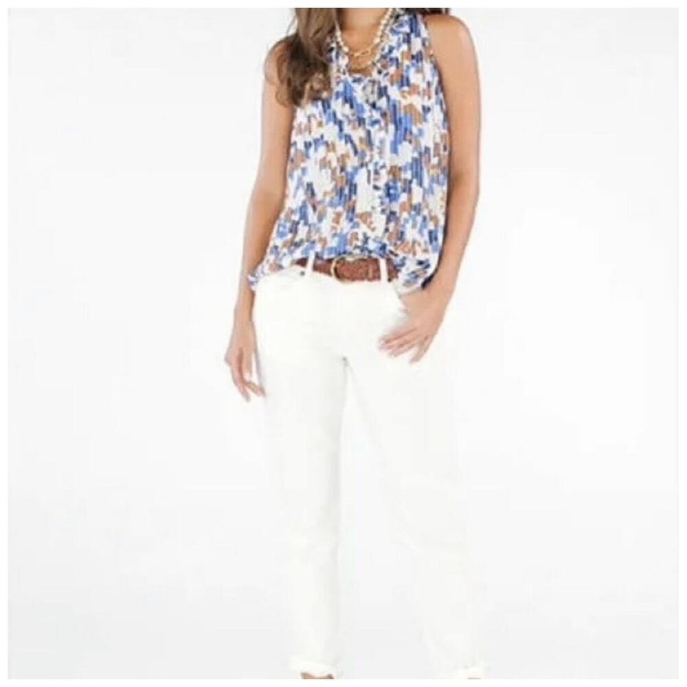 CAbi Multicolor Blue Tan White Abstract Print Sleeveless Blouse